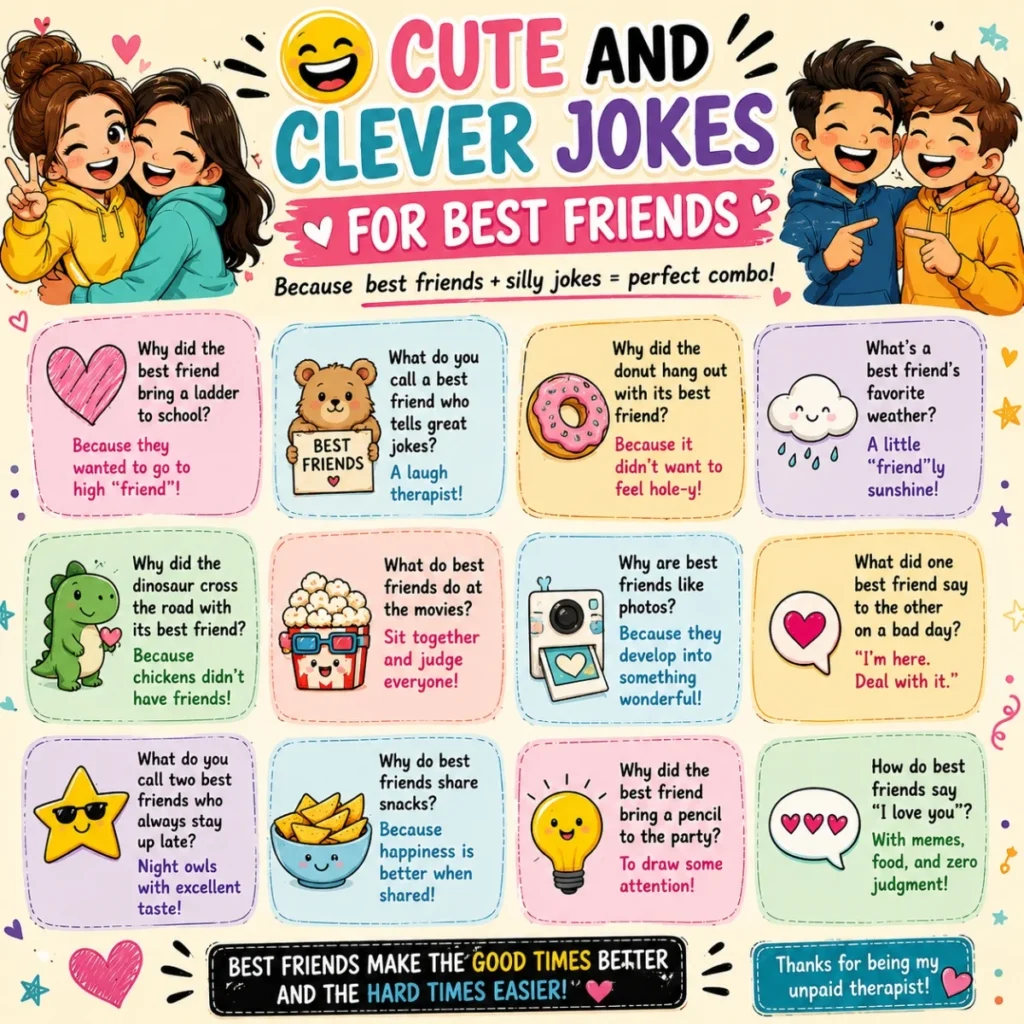 This colorful square graphic showcases a collection of short one-liner jokes surrounded by playful emojis, icons, and comic-style speech bubbles. The bright, cheerful design makes it perfect for social media posts, humor blogs, and anyone looking for quick laughs to share with friends.