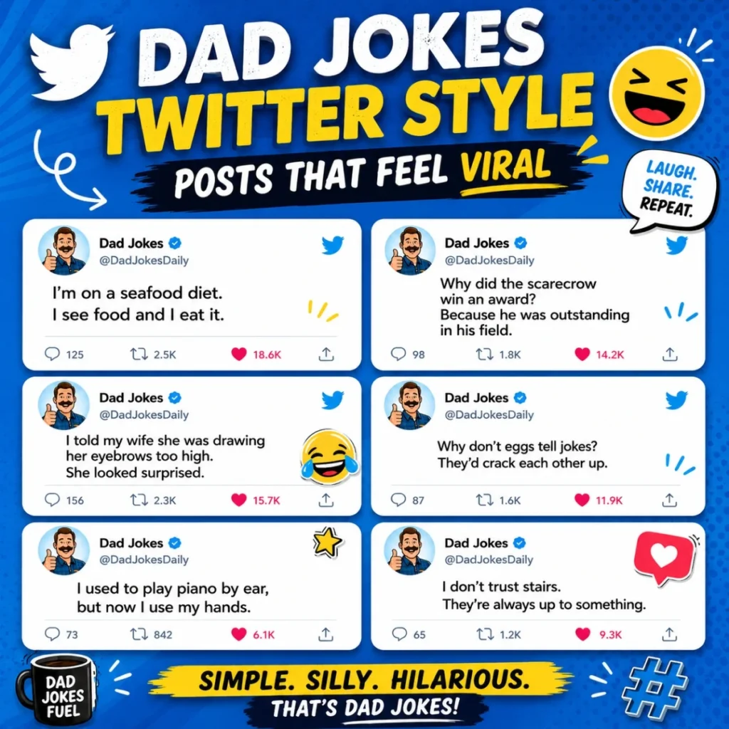 Dad jokes Twitter style viral posts graphic featuring funny tweet jokes, social media humor, and laughing emojis
