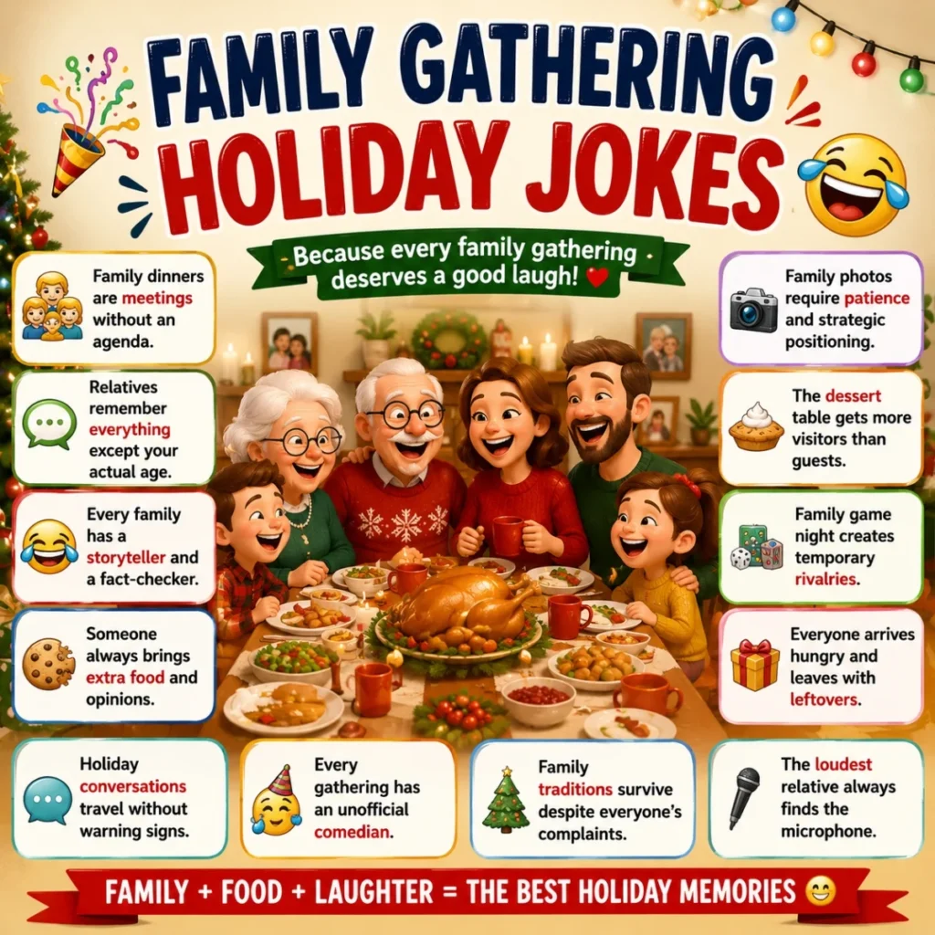 Family gathering holiday jokes poster with festive dinner table, laughing relatives, holiday meal, and family humor