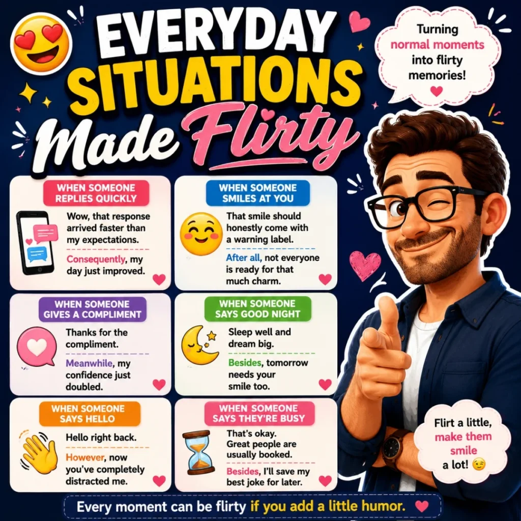 Everyday situations made flirty illustration with funny dad jokes, romantic humor, hearts, and playful conversation scenes