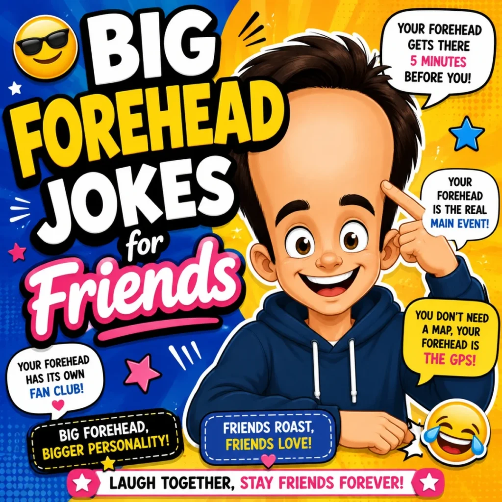 Big forehead jokes for friends cartoon image with funny captions, smiling character, and colorful comic design