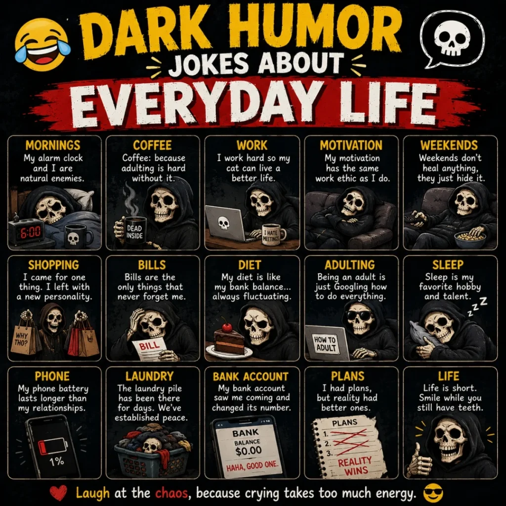Dark humor jokes about everyday life poster with skeleton characters, coffee, bills, work, and adulting humor