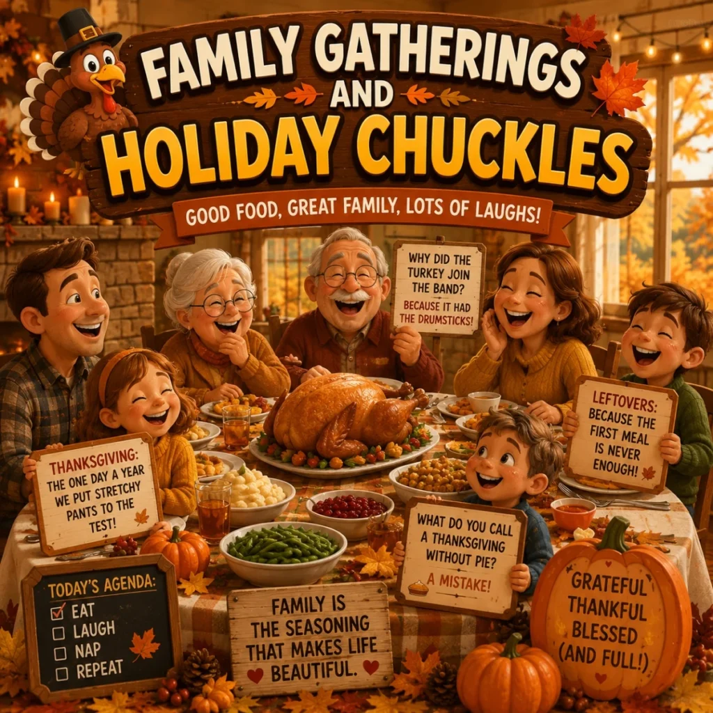 Family holiday chuckles cartoon with Thanksgiving dinner, turkey, pumpkins, autumn leaves, and cozy laughs