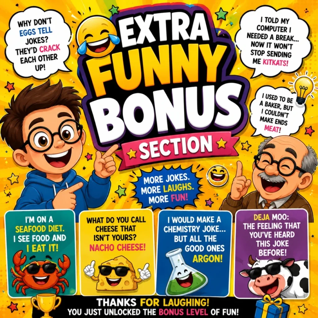 Extra funny bonus section cartoon image with clever jokes, colorful characters, emojis, and comedy-themed illustrations