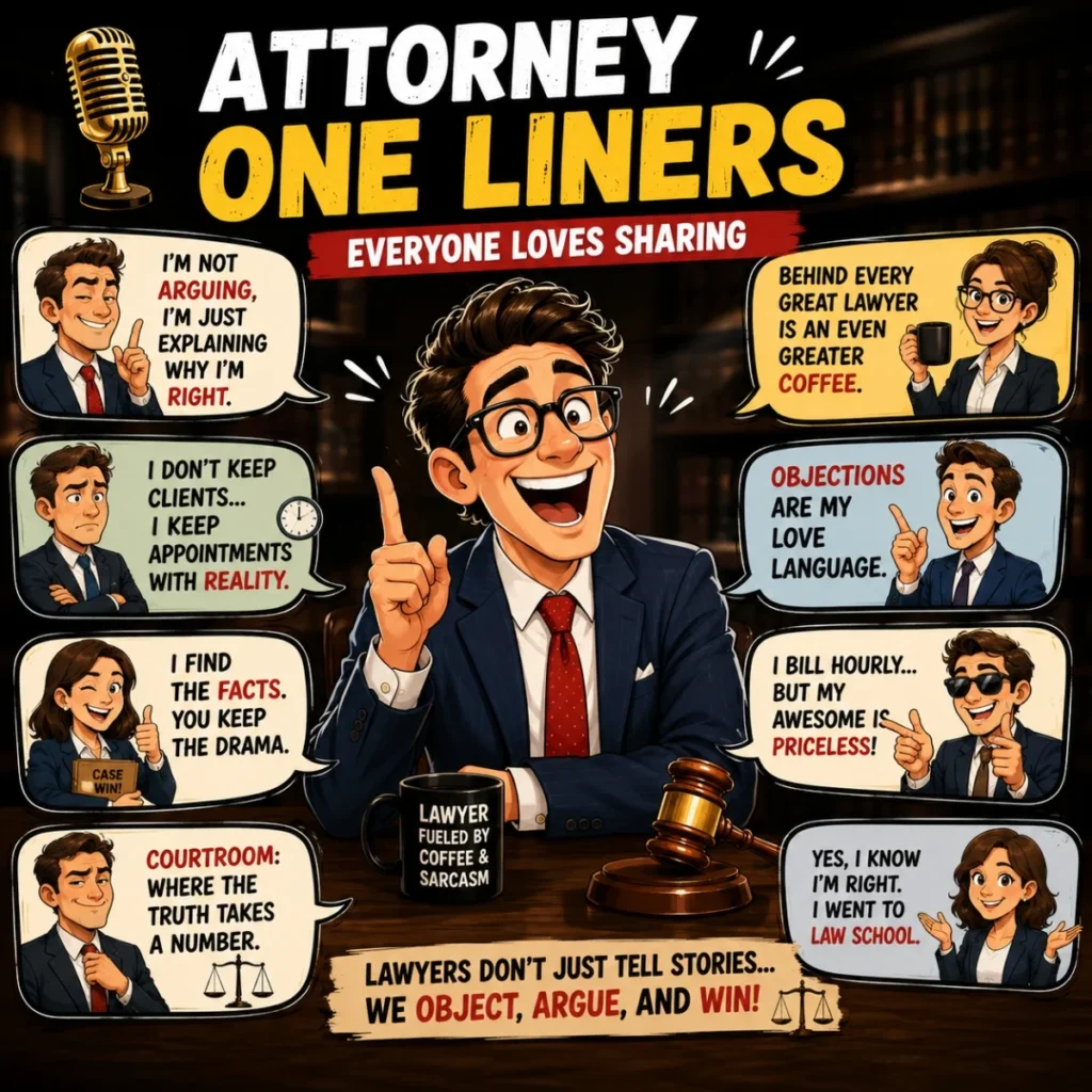 Attorney one liners cartoon with lawyer on stage, microphone, laughing audience, and legal comedy theme