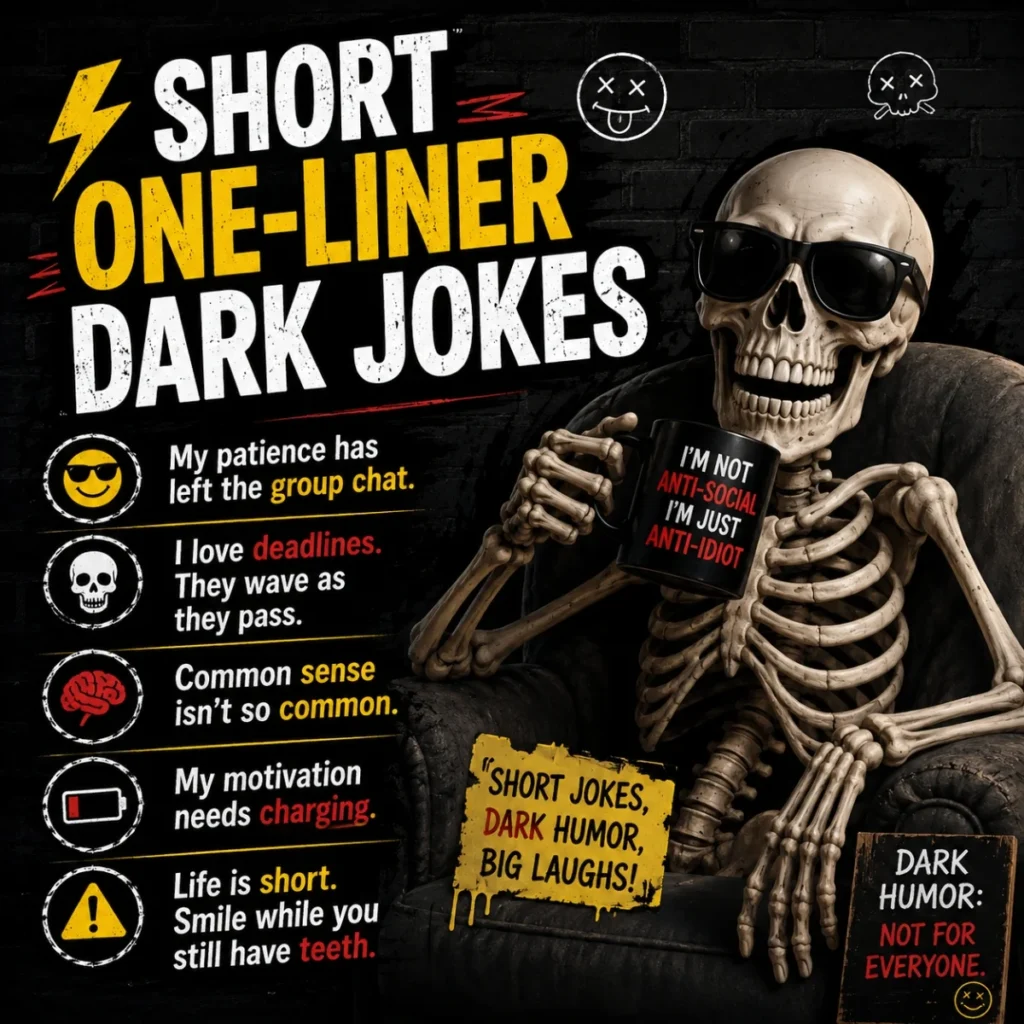 Short one-liner dark jokes poster with skeleton, bold text, and edgy humor captions