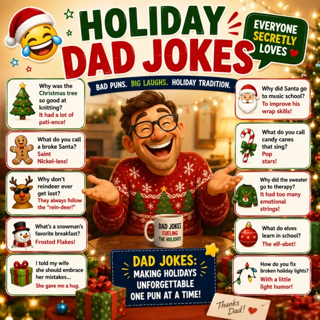 Holiday dad jokes poster with festive dad, Christmas sweater, funny puns, holiday decorations, and family humor