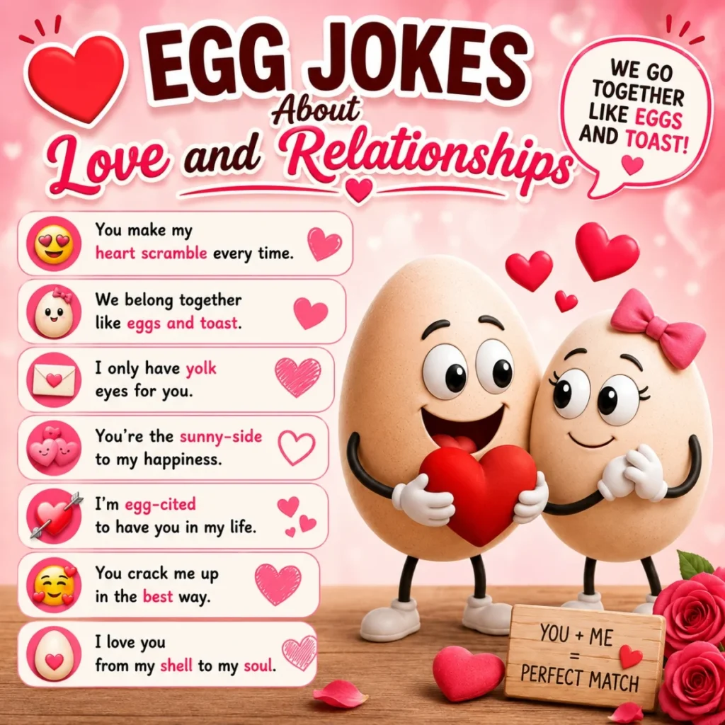 Romantic egg jokes about love and relationships with cute cartoon eggs holding a heart