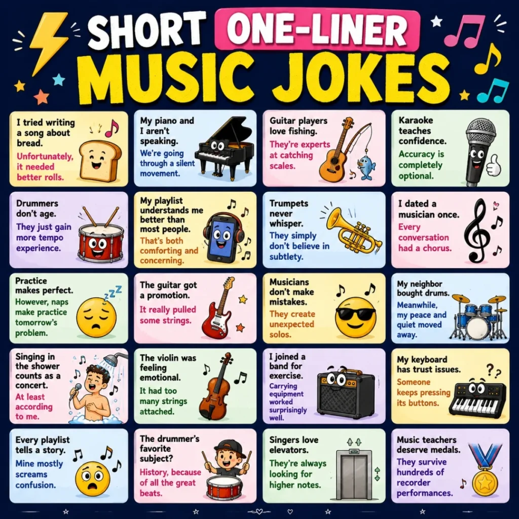 Short one-liner music jokes poster featuring funny instrument puns, musical humor, and colorful cartoon illustrations