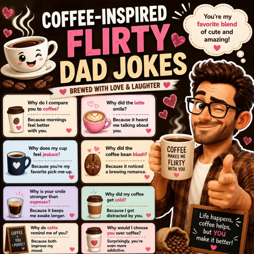 Coffee-inspired flirty dad jokes graphic with cute coffee puns, romantic humor, hearts, and playful café vibes