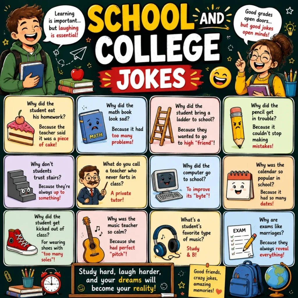 School and college jokes poster with funny student humor, classroom puns, colorful cartoons, and educational comedy