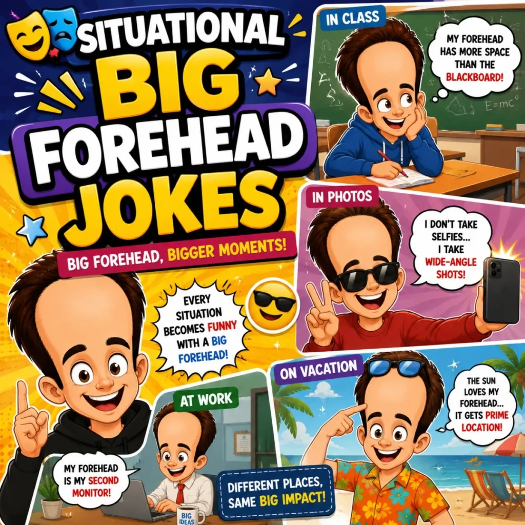 Situational big forehead jokes cartoon image with funny scenarios, comic humor, and colorful illustration