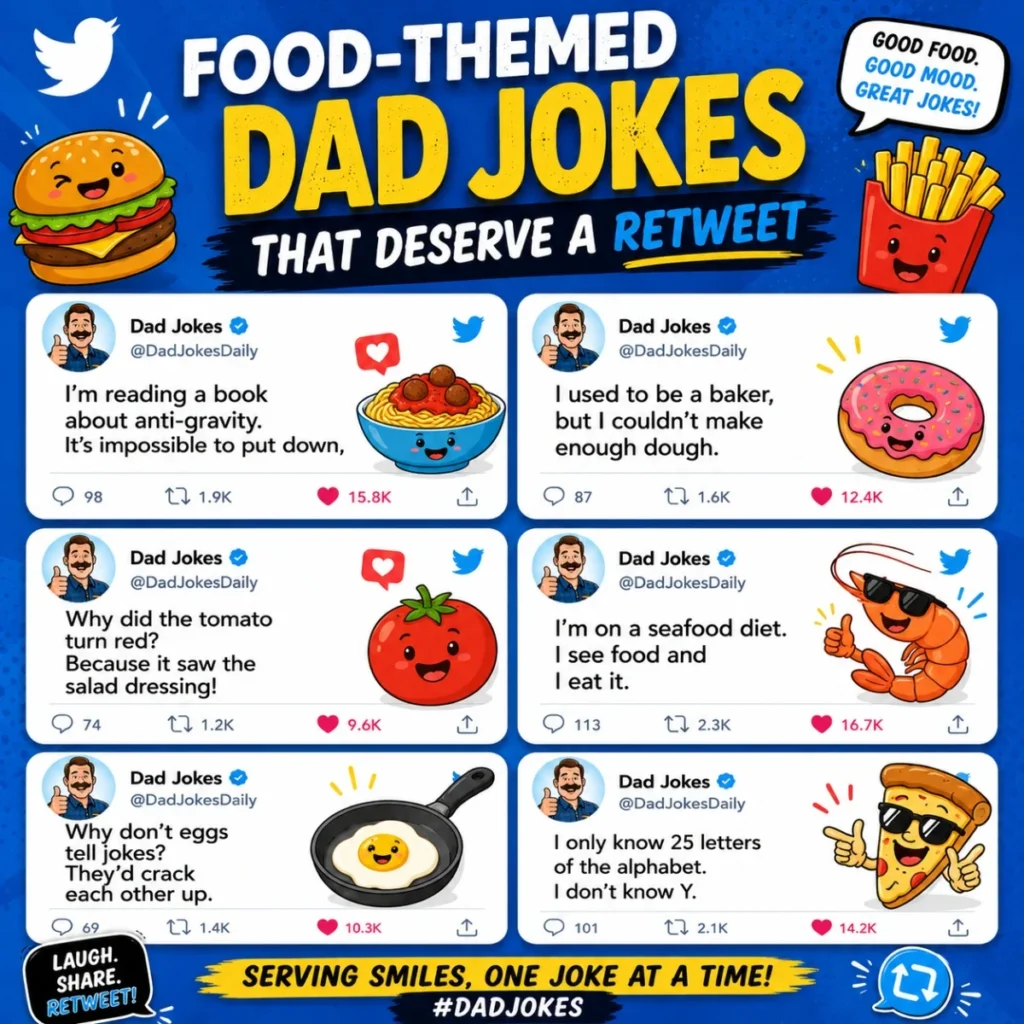 Food-themed dad jokes Twitter graphic with funny burger, pizza, fries, and viral food humor posts
