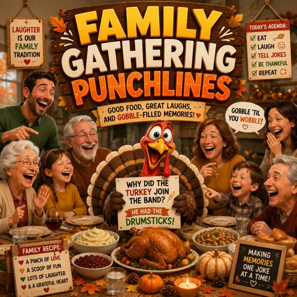 Family gathering turkey jokes poster with laughing relatives, festive dinner table, and Thanksgiving punchlines