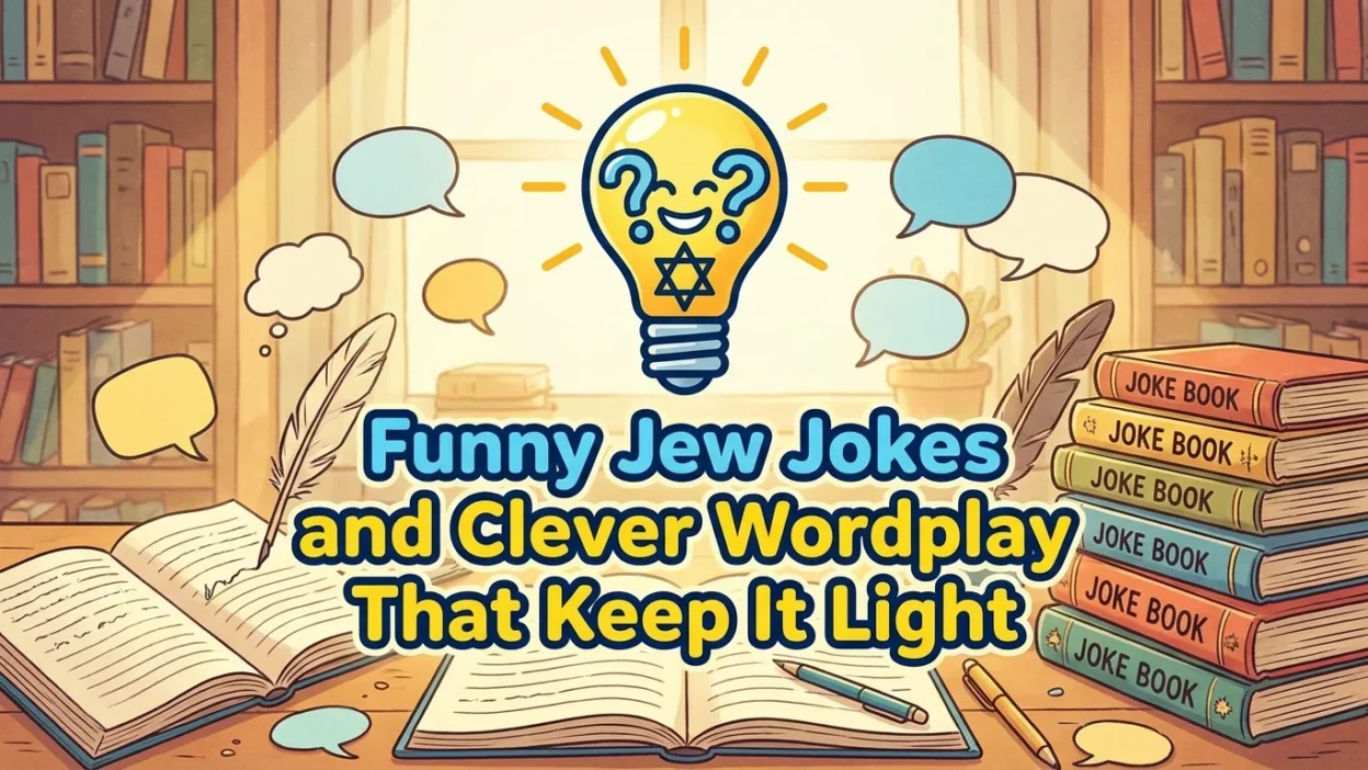 Funny Jew jokes and clever wordplay illustration featuring lighthearted humor, playful puns, and comedy-themed design
