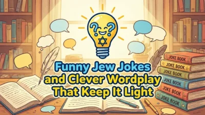 Funny Jew jokes and clever wordplay illustration featuring lighthearted humor, playful puns, and comedy-themed design