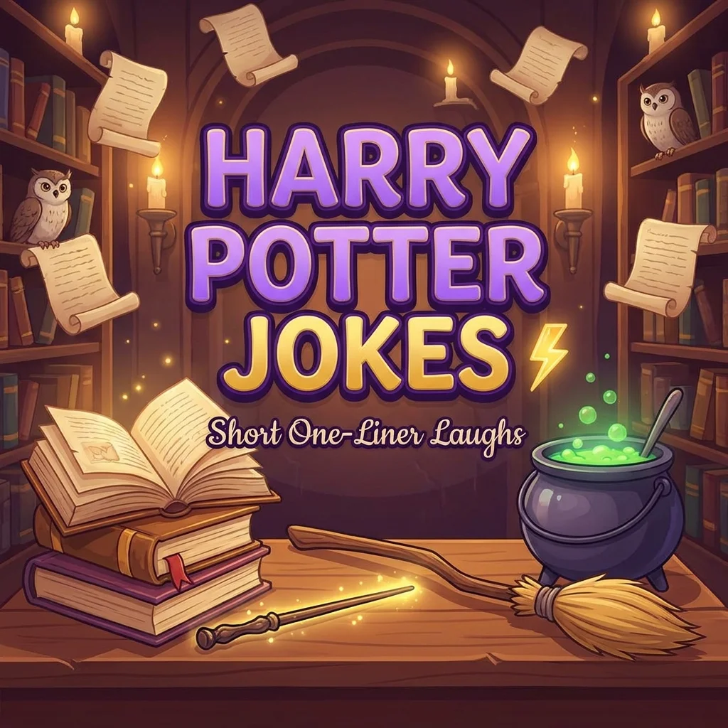 Funny Harry Potter one-liner jokes with wizard humor, magical wand, Hogwarts-inspired laughs, and clever puns