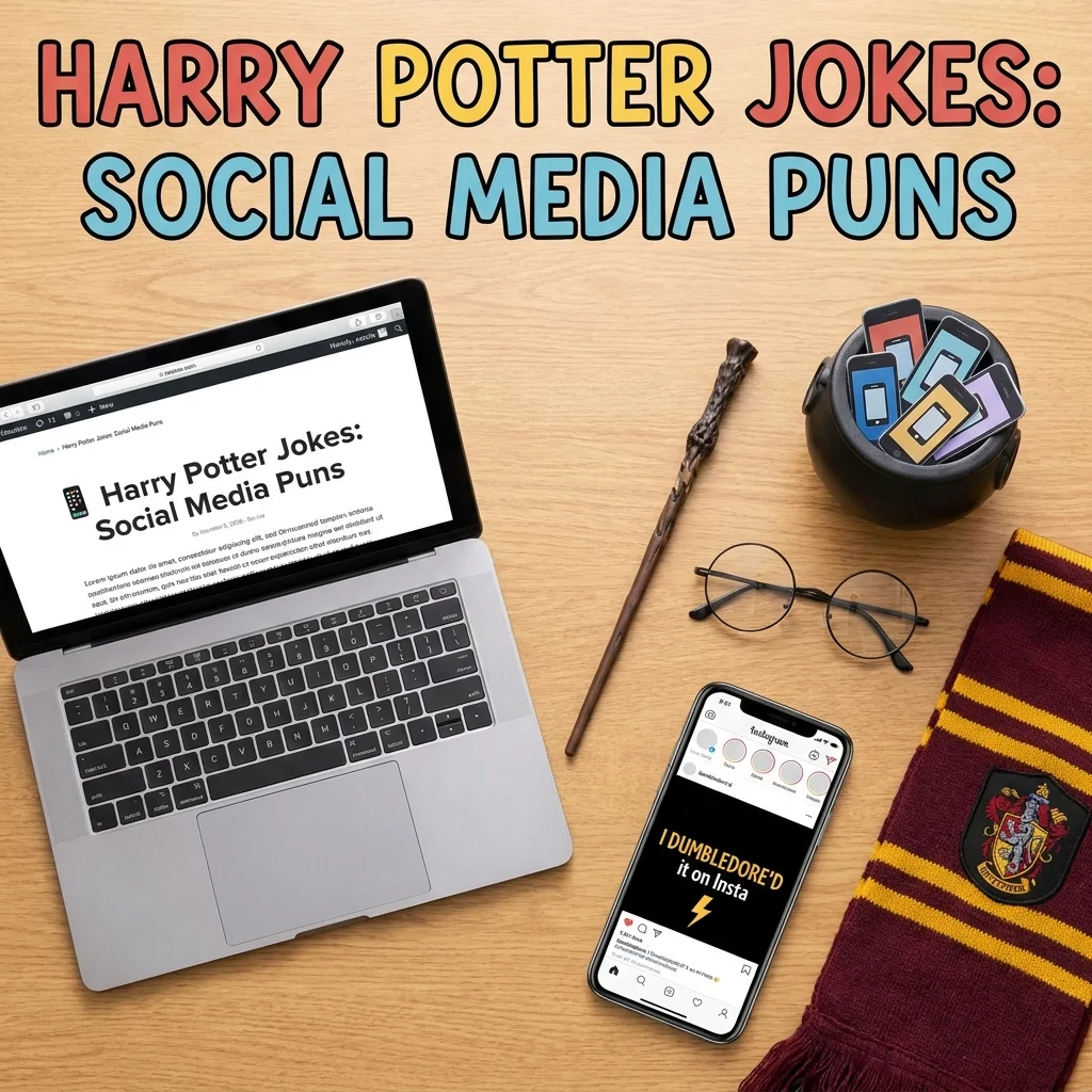 Harry Potter social media puns illustration with wizard humor, magical smartphone, funny captions, and wizarding world theme