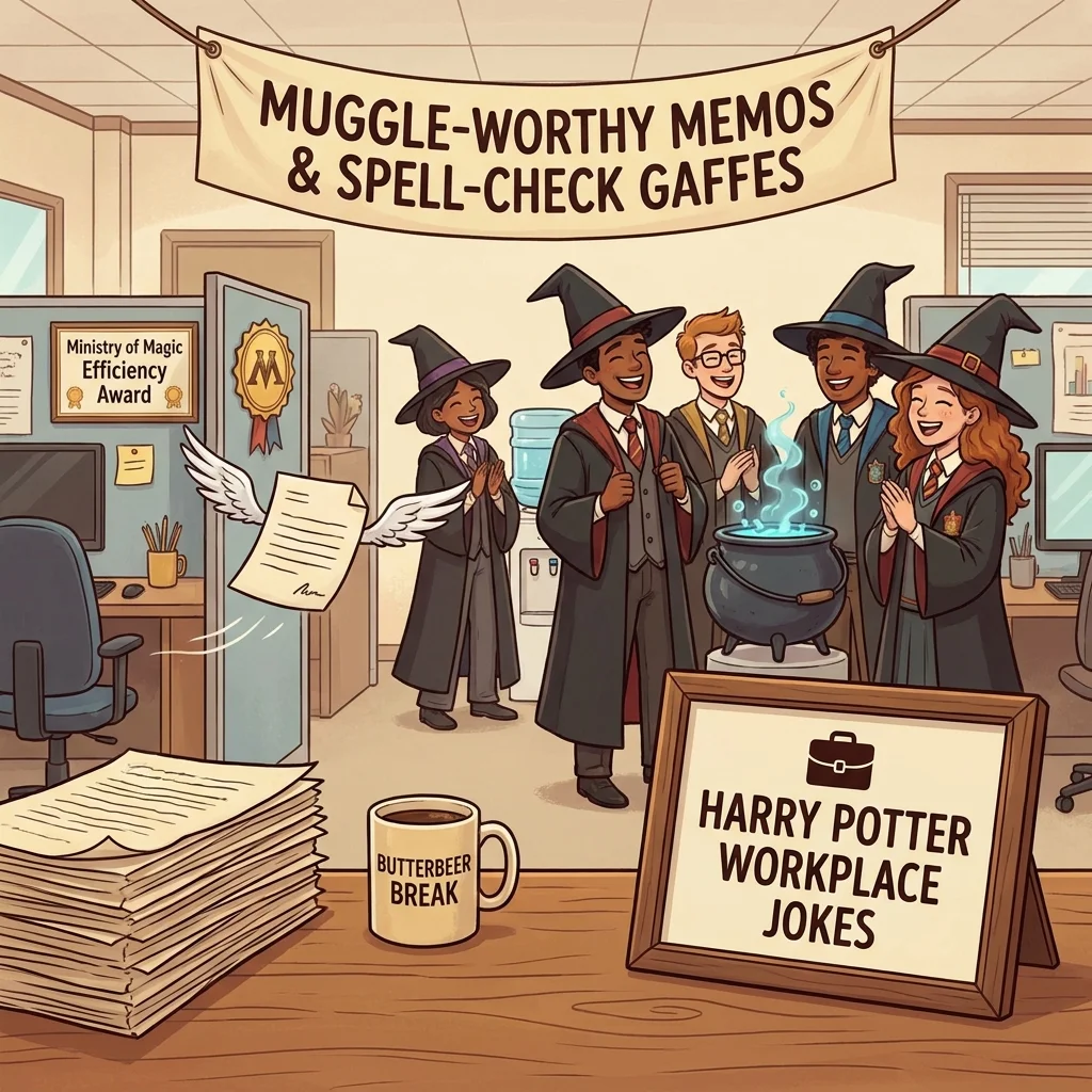 Funny Harry Potter one-liner jokes with wizard humor, magical wand, Hogwarts-inspired laughs, and clever puns