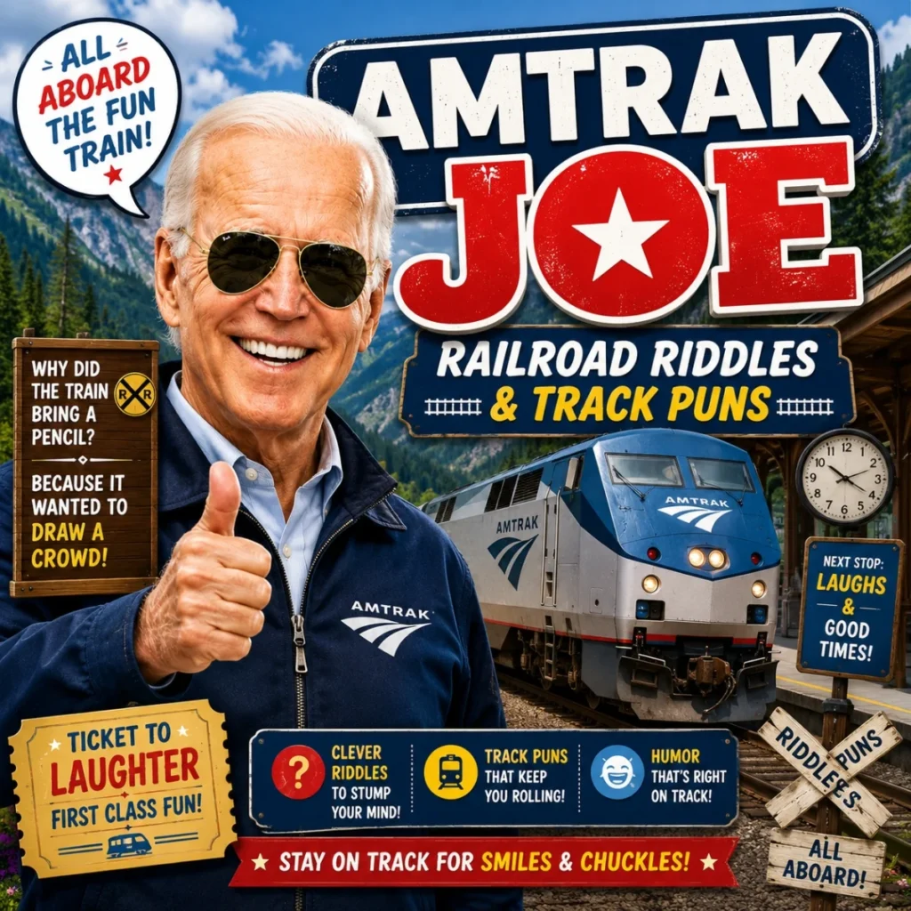 Amtrak Joe railroad riddles and track puns graphic featuring a train station and locomotive humor theme