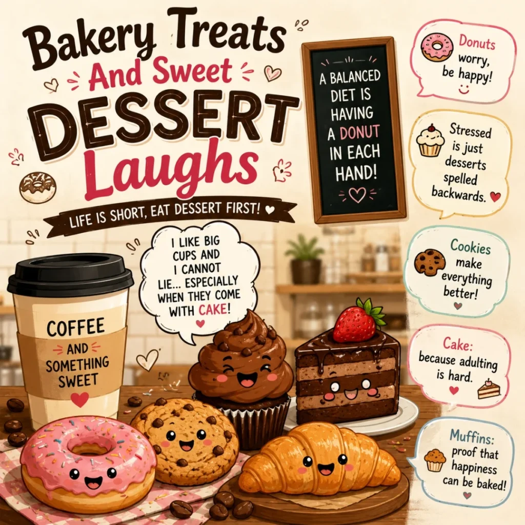 Cute bakery treats with coffee, donuts, cake, cookies, and dessert humor quotes.