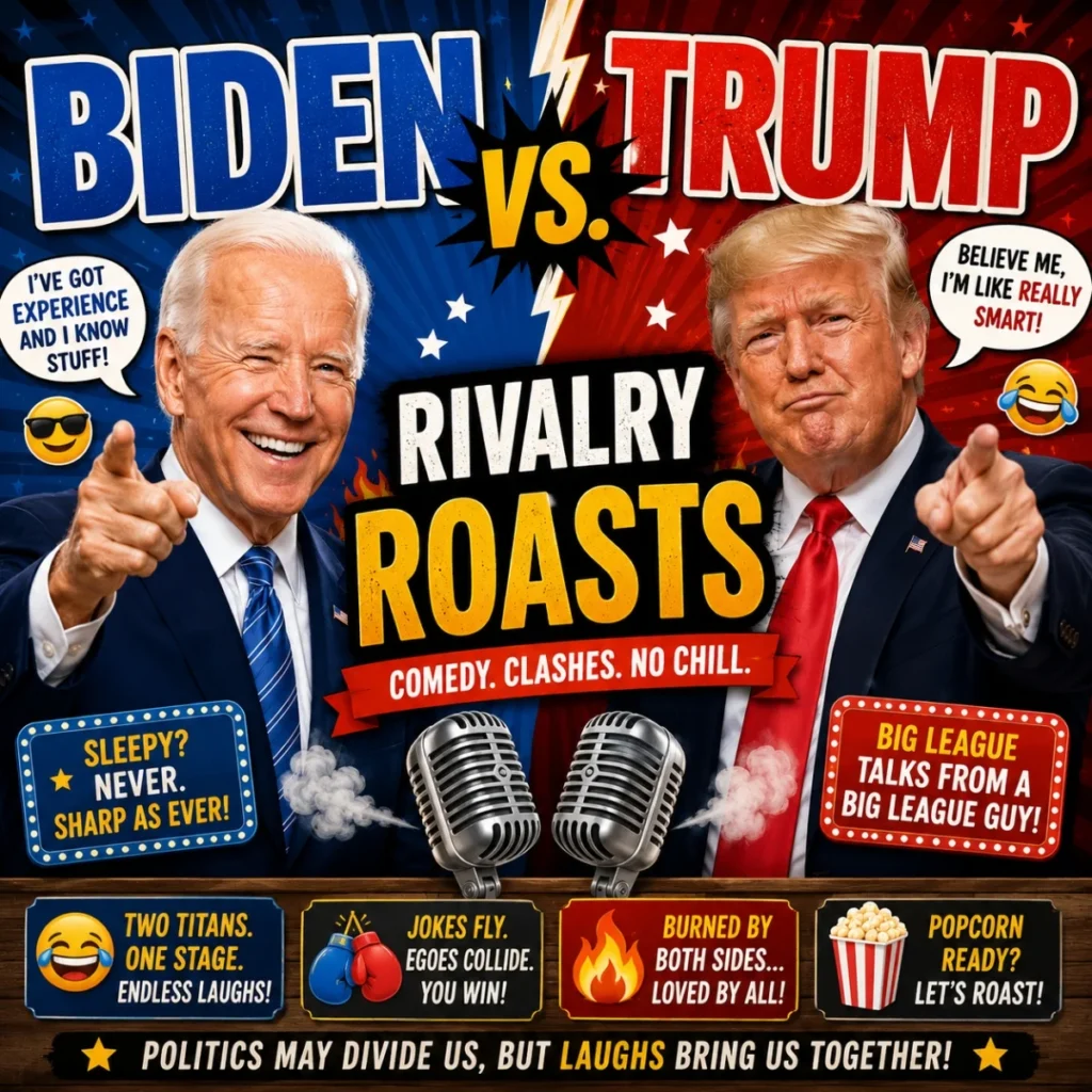 Biden vs Trump rivalry roasts graphic with political humor, comedy showdown, and funny roast battle theme