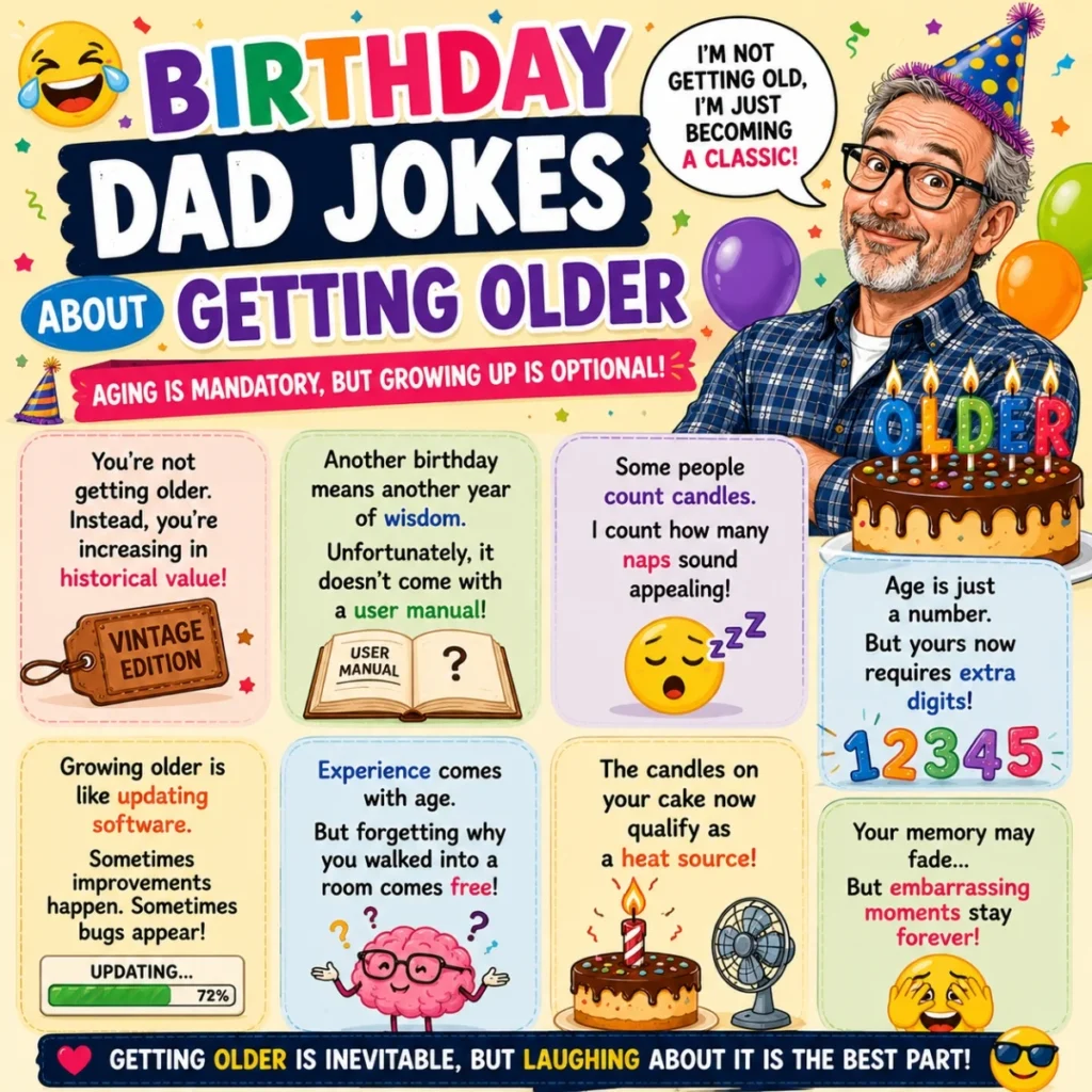 Birthday dad jokes about getting older with funny aging humor, cake, candles, balloons, and vintage birthday jokes