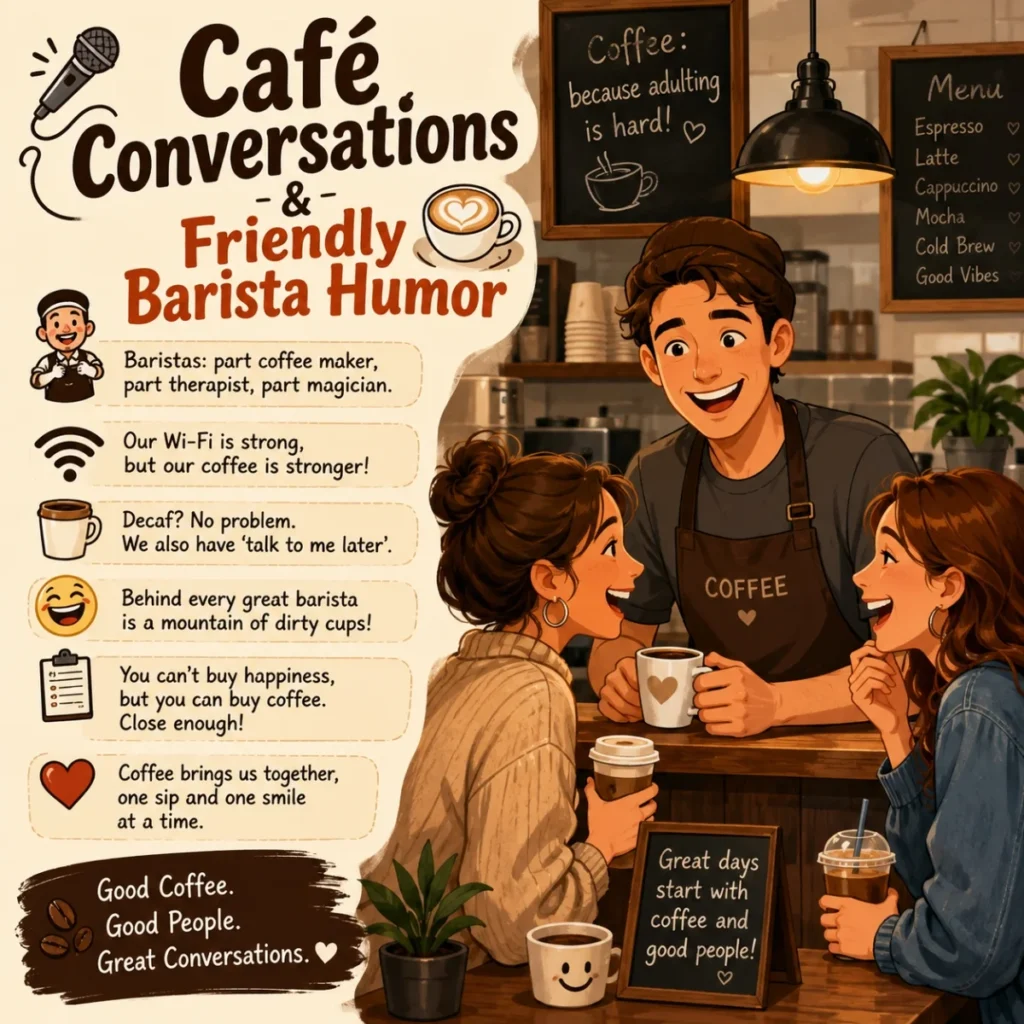 Friendly barista chatting with customers in a cozy café with coffee humor quotes.
