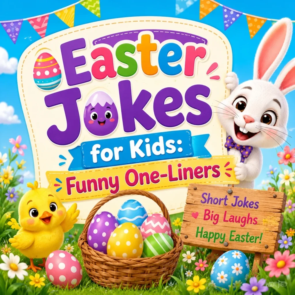 Funny Easter one-liners for kids with cute bunny, chick, colorful eggs, and festive spring background
