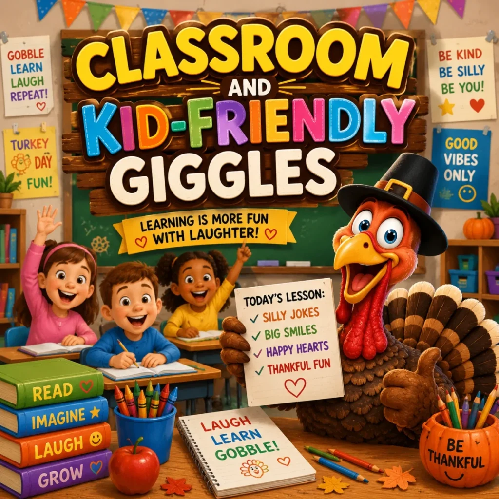 Classroom kid-friendly turkey jokes poster with smiling children, books, crayons, and cheerful Thanksgiving decor