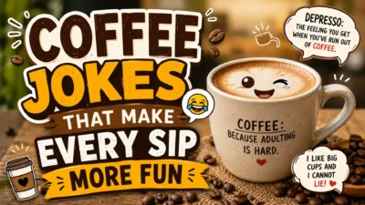 A cheerful coffee mug with a smile and humorous coffee quotes against a fun "Coffee Jokes" banner.