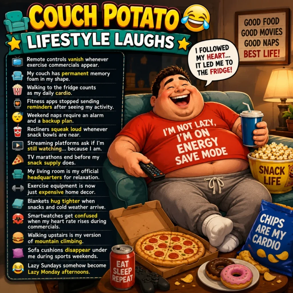 Couch potato lifestyle laughs poster with man relaxing on sofa, snacks, pizza, chips, and TV humor