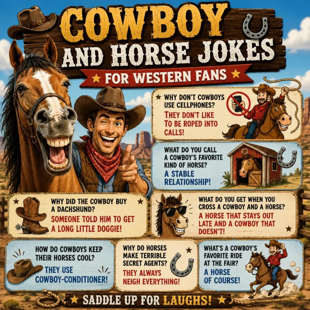 Cowboy and horse jokes poster with a western cowboy, smiling horse, and funny ranch humor