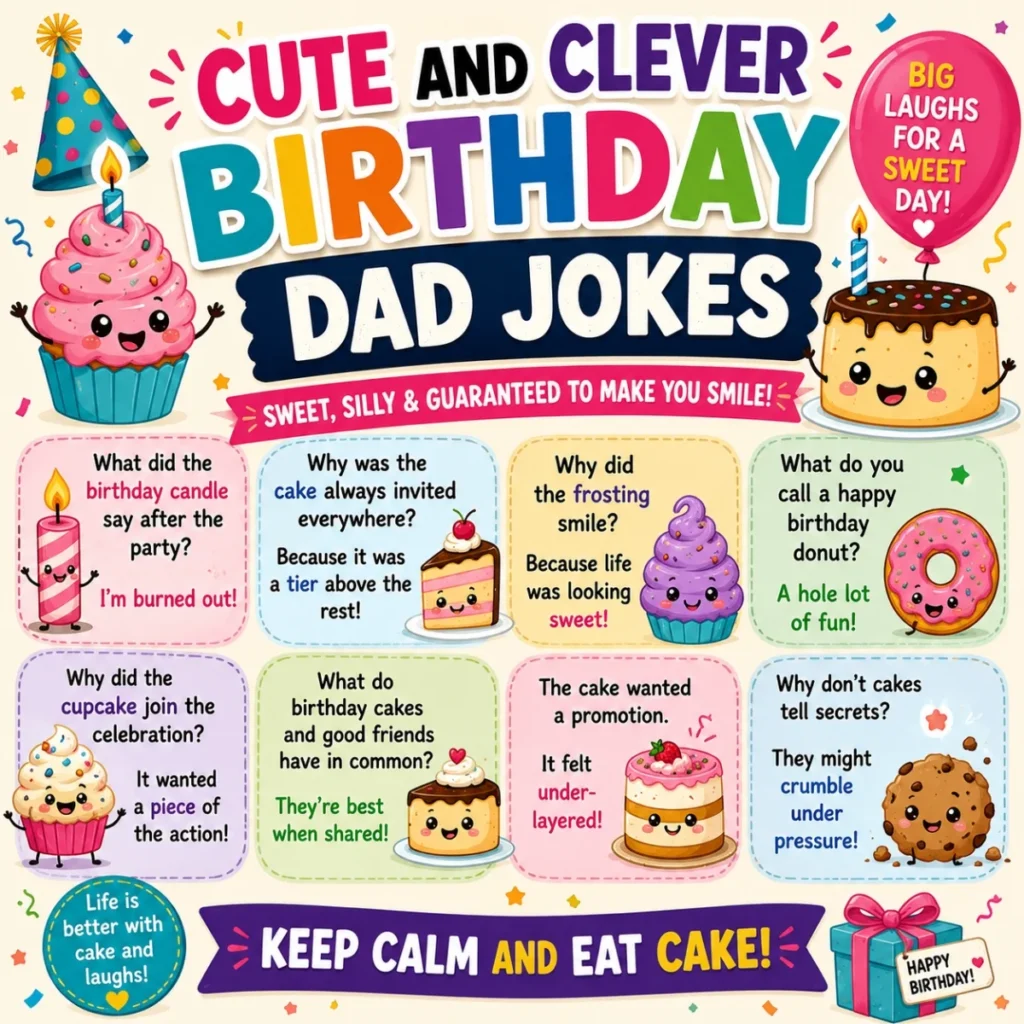 Cute and clever birthday dad jokes poster with cartoon cupcakes, cake, donut, candles, and funny birthday humor