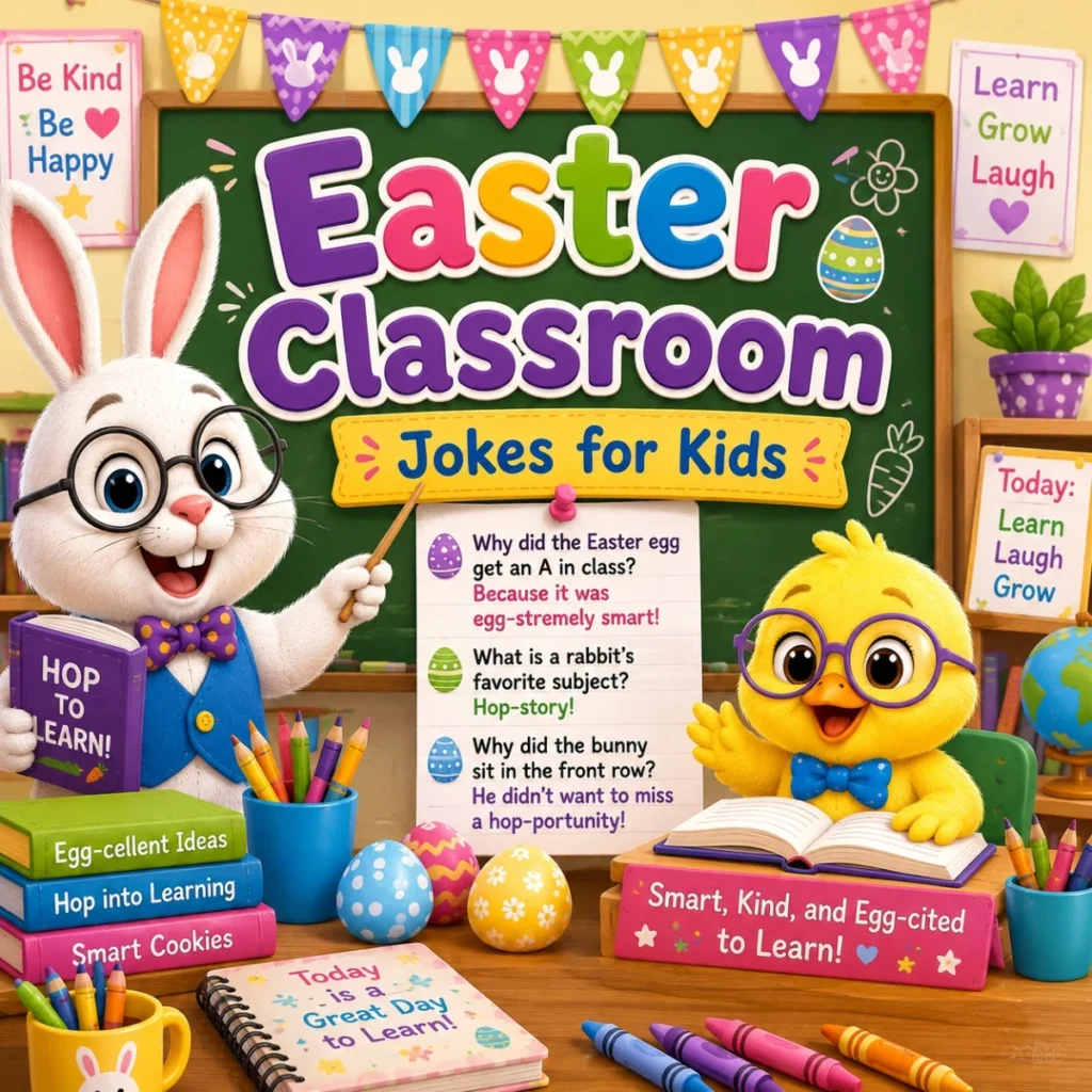 Easter classroom jokes for kids with bunny teacher, chick student, colorful eggs, and cheerful school setting