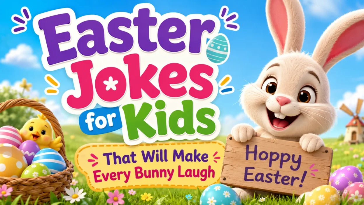Cute Easter bunny with colorful eggs and chick illustration for Easter jokes for kids banner