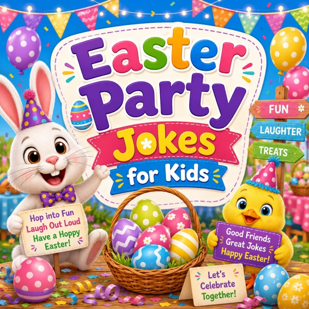 Easter party jokes for kids with happy bunny, chick, colorful eggs, balloons, and festive celebration scene