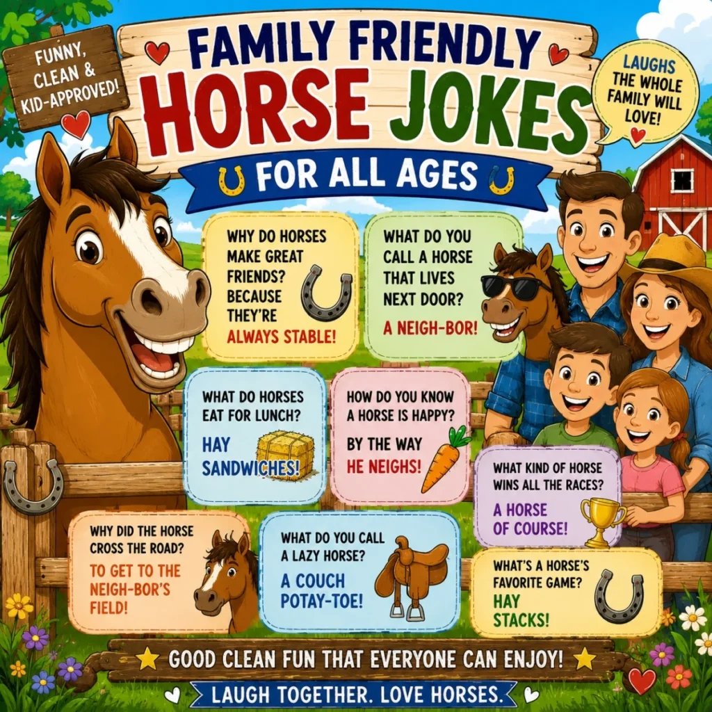 Family friendly horse jokes poster with smiling horse, happy family, and clean horse humor for all ages