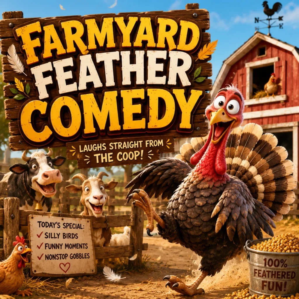Farmyard feather comedy poster with funny turkey, barn, animals, corn bucket, and rustic wooden sign
