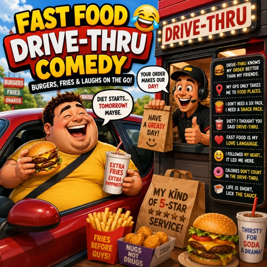 Fast food drive-thru comedy poster with burgers, fries, soda, and laughing customer in car