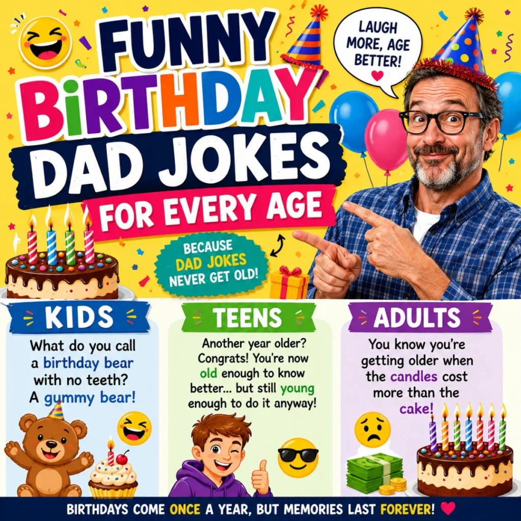 Funny birthday dad jokes for every age with kids, teens, adults, birthday cake, balloons, and party humor