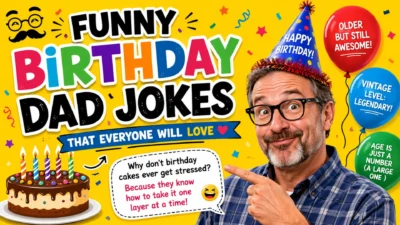 Funny birthday dad jokes thumbnail with smiling dad, birthday cake, candles, balloons, and colorful party decorations