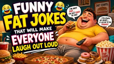 Funny fat jokes cartoon poster with laughing man, burgers, pizza, popcorn, and bold comedy text