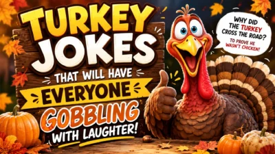 Funny turkey jokes poster with cartoon turkey, pumpkins, autumn leaves, and bold Thanksgiving humor text