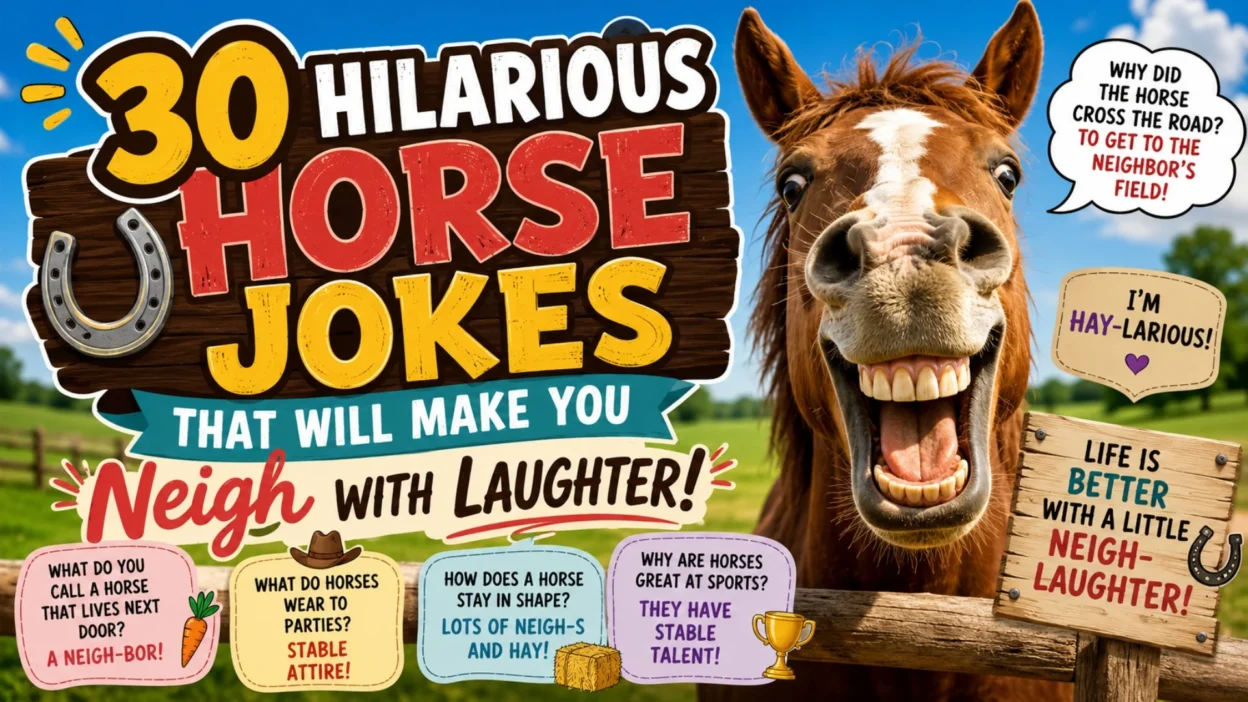 30 hilarious horse jokes with a laughing horse, farm background, and funny neigh punchlines