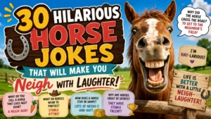 30 hilarious horse jokes with a laughing horse, farm background, and funny neigh punchlines