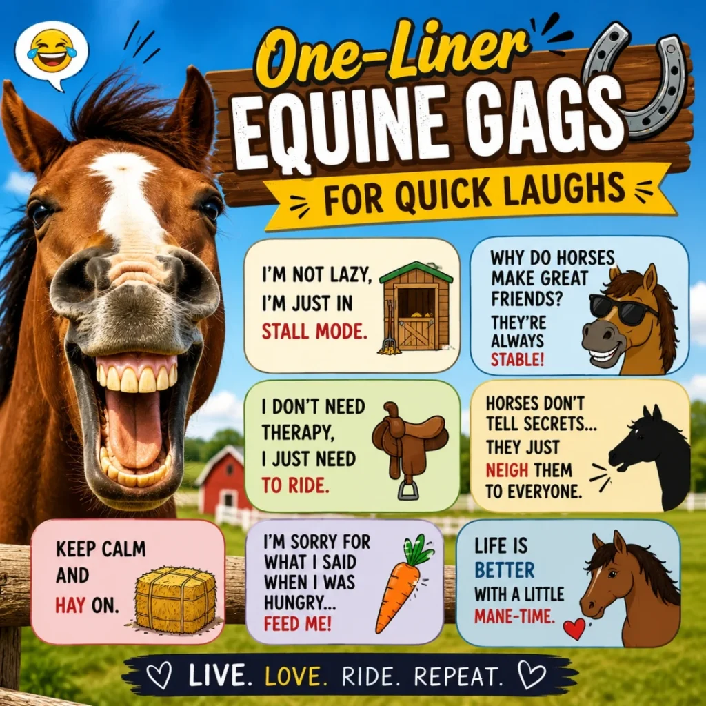 One-liner equine gags poster with a laughing horse and funny horse jokes for quick laughs
