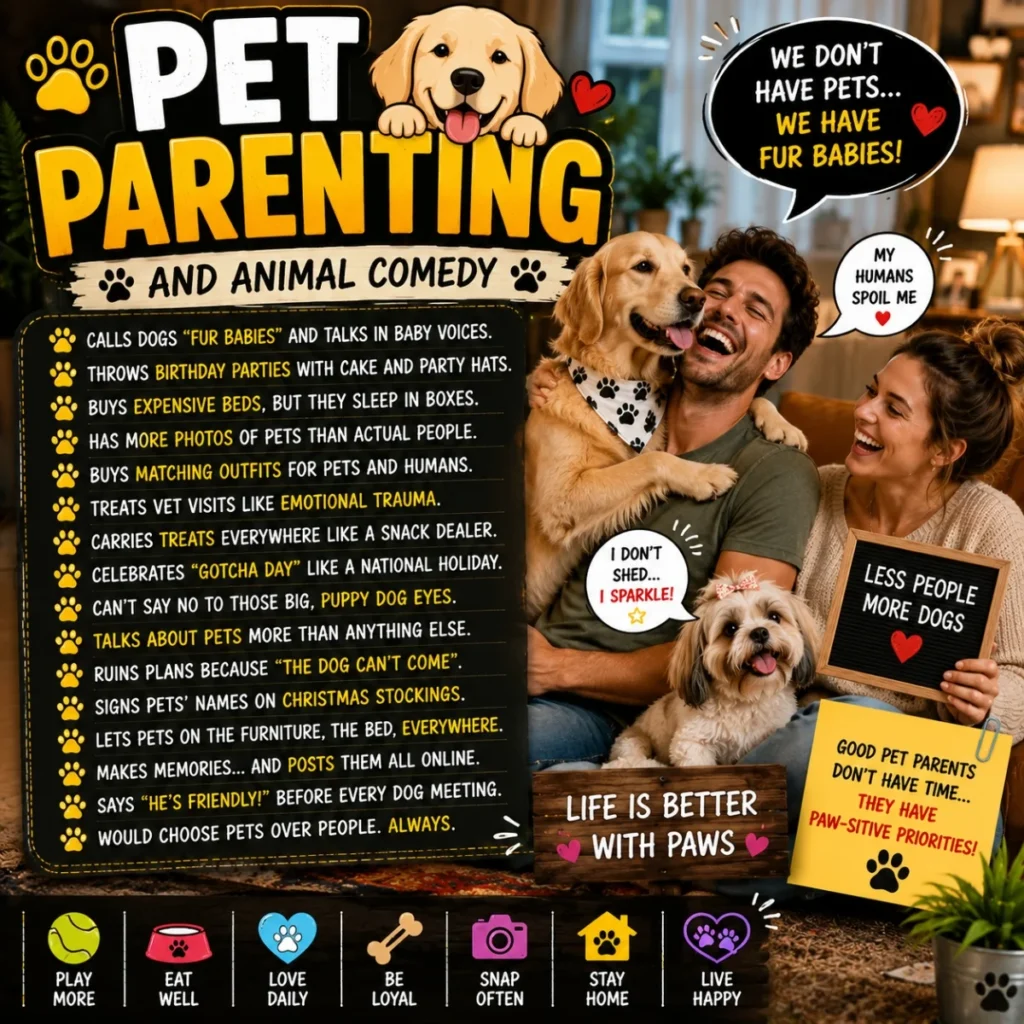Pet parenting and animal comedy poster with happy owners, dogs, paw prints, and funny pet jokes