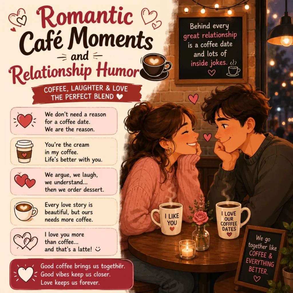 Romantic café couple sharing coffee with hearts and sweet relationship humor quotes.
