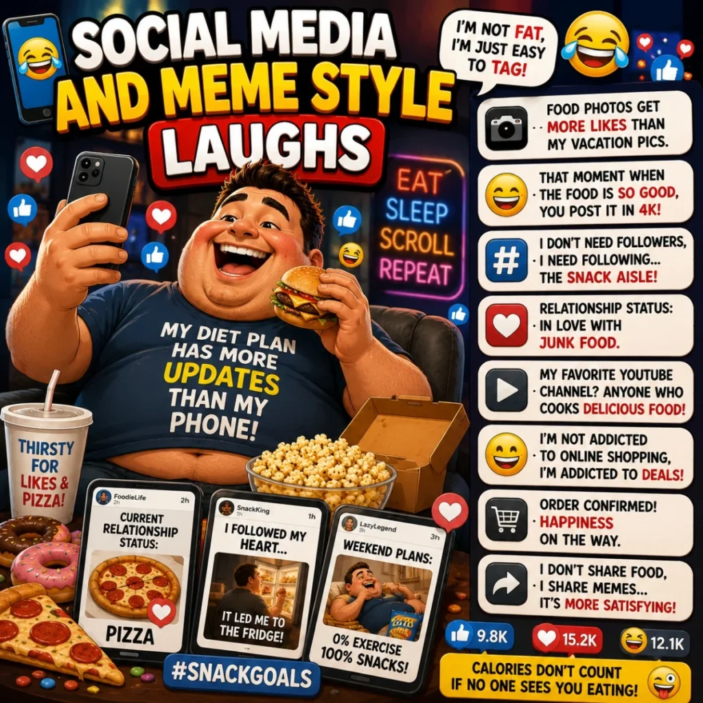Social media meme laughs poster with food selfies, pizza, emojis, likes, and snack humor